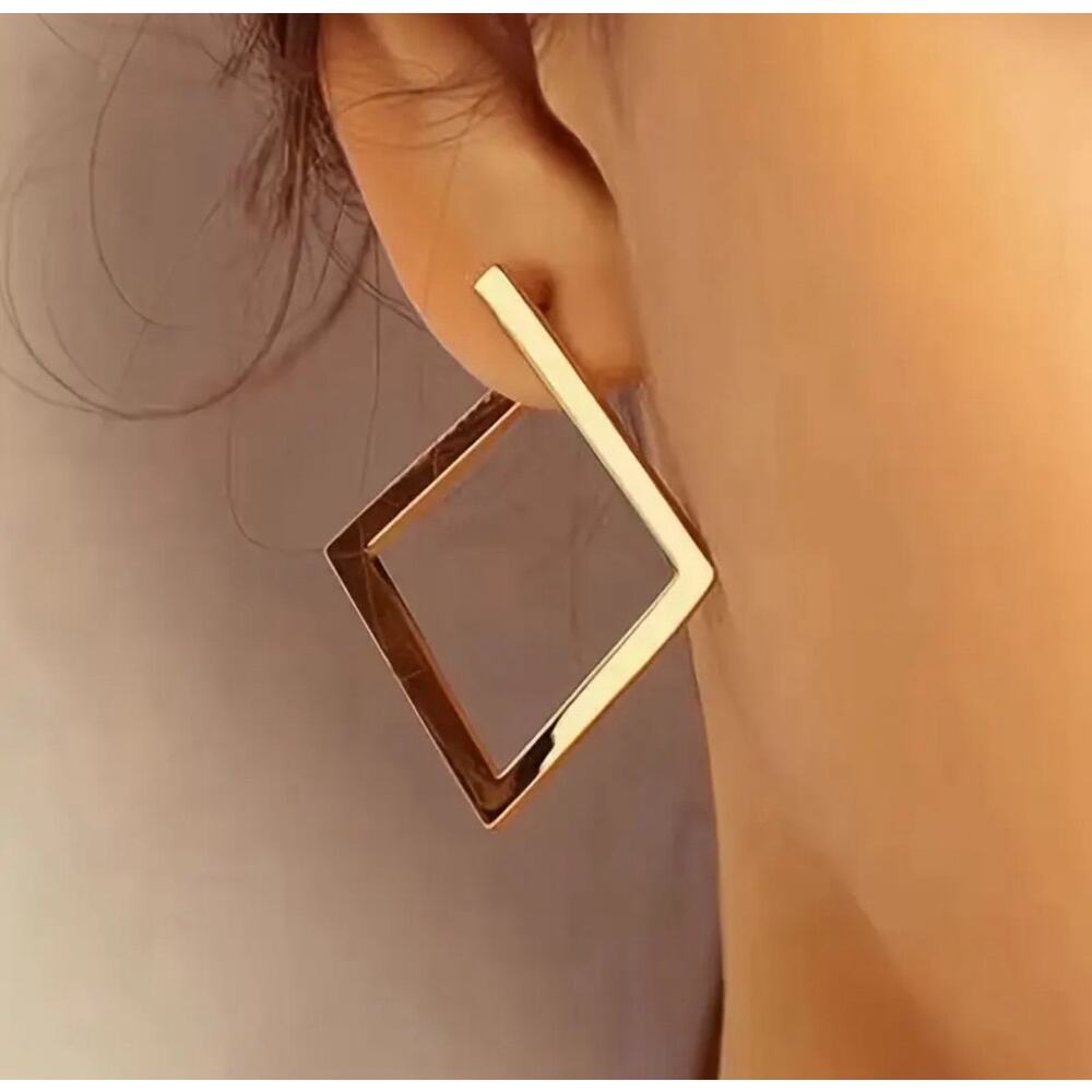 Elegant 18K Golden Plated Geometric Square Stud Earrings, Abstract Unique Gift
